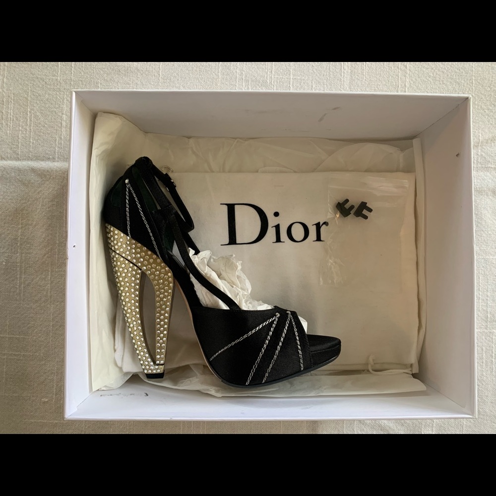RARE Runway Dior by Galliano Folies Sandal Crystal Heel Black Satin 38 NIB - Picture 8 of 12